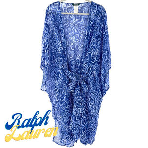RALPH LAUREN Blue + White IKAT Swim Coverup CHIFFON Wrap Kimono Tunic WOMENS 2X